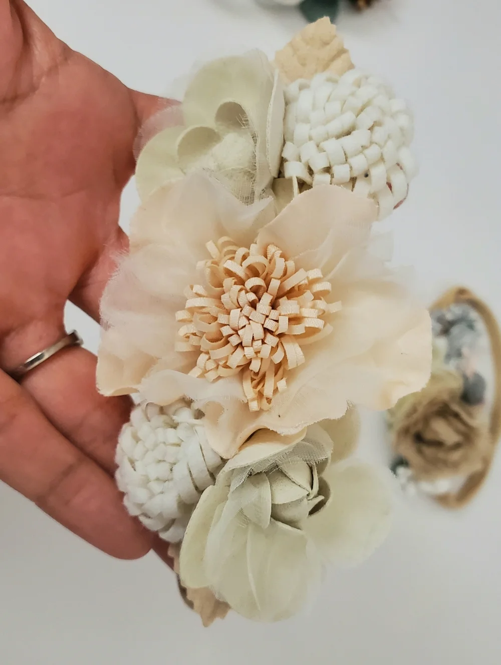 Floral Baby Nude Nylon Headband Set 3 Neutral Cream, Blush & Sage Newborn